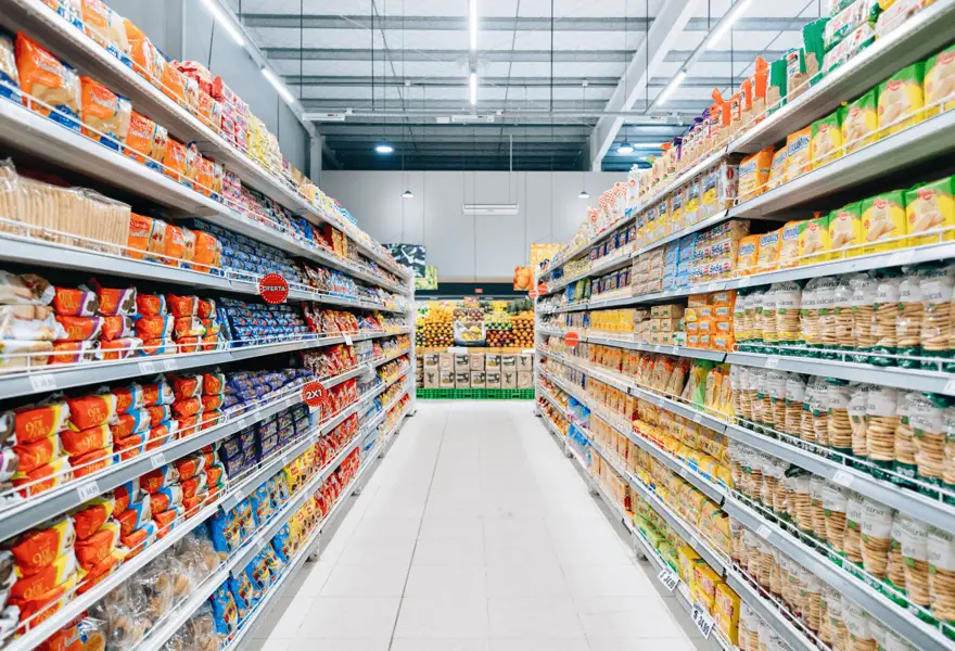 Supermarket aisle with packaged products